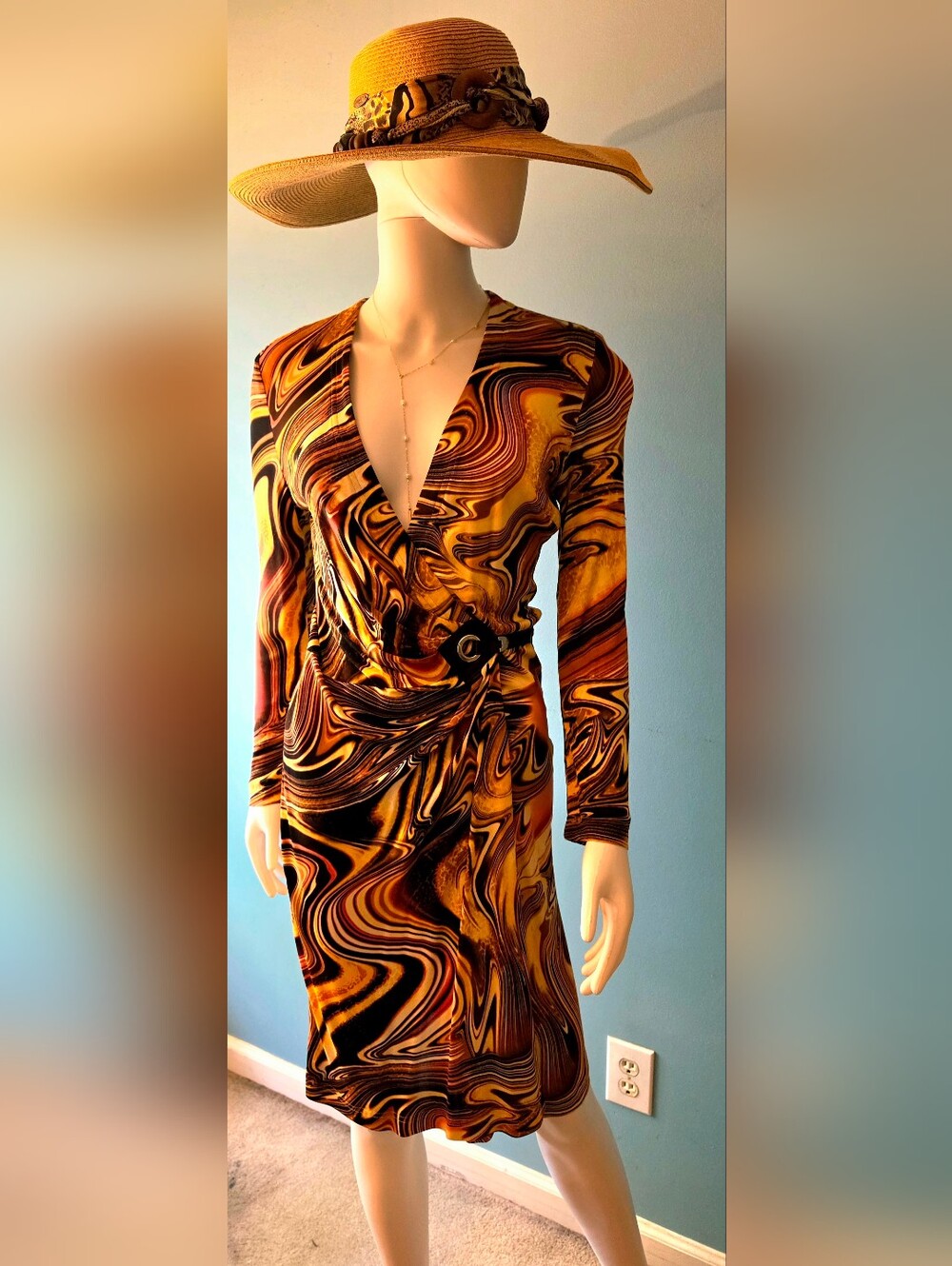 Vintage Escada Swirl-Print Wrap Dress in Brown and Gold